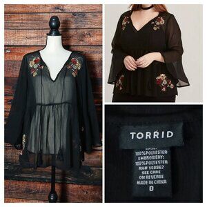 Torrid Peasant Top 0 12 Sheer Embroidered Bell Sleeve